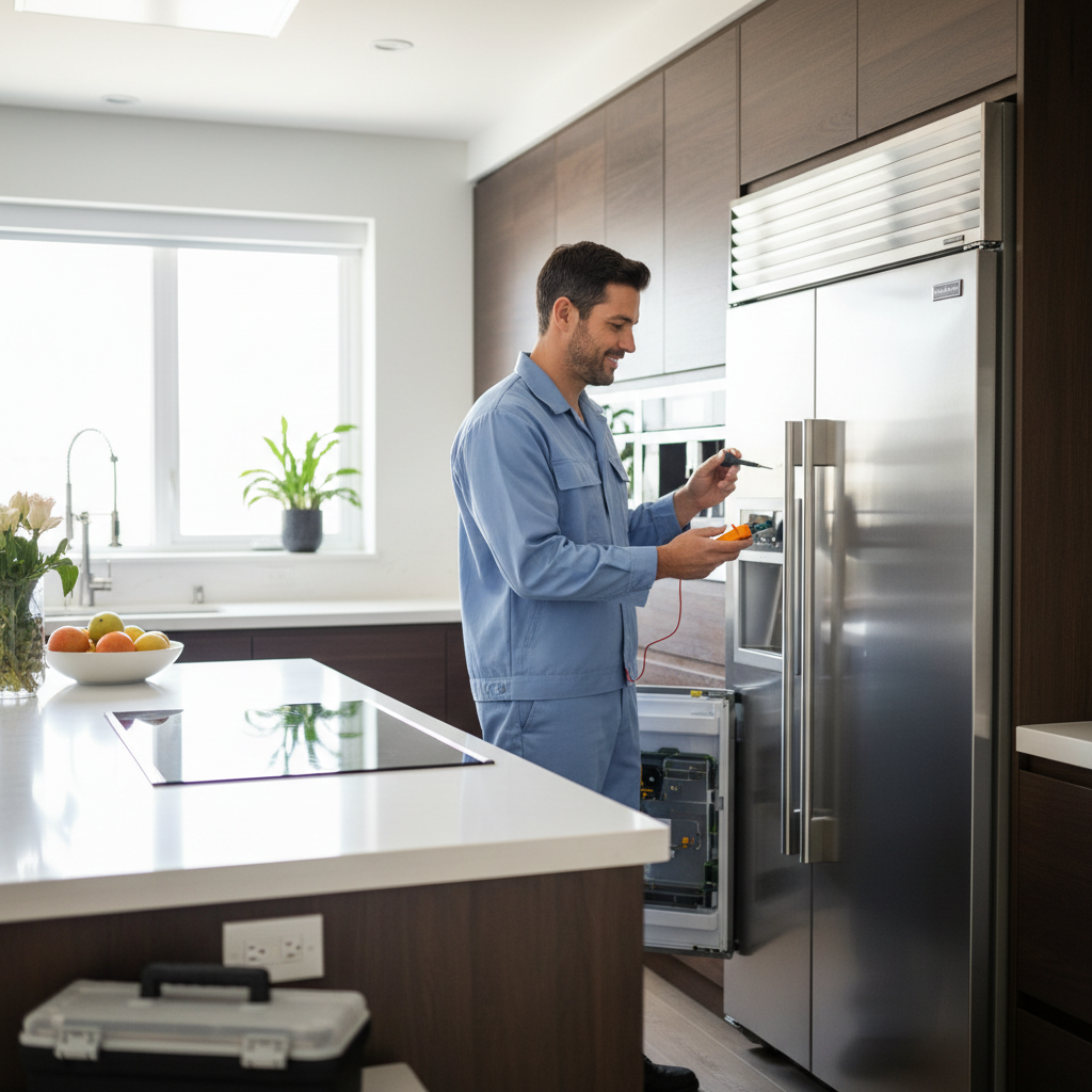 Professional appliance repair technician inspecting a built-in refrigerator